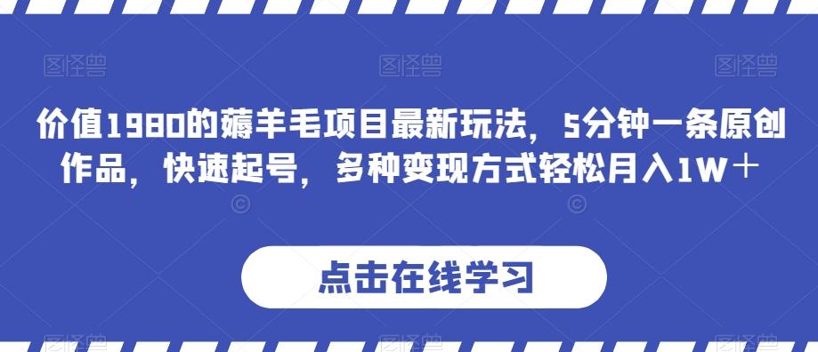 价值1980的薅羊毛项目最新玩法，5分钟一条原创作品，快速起号，多种变现方式轻松月入1W＋【揭秘】-金腾科技
